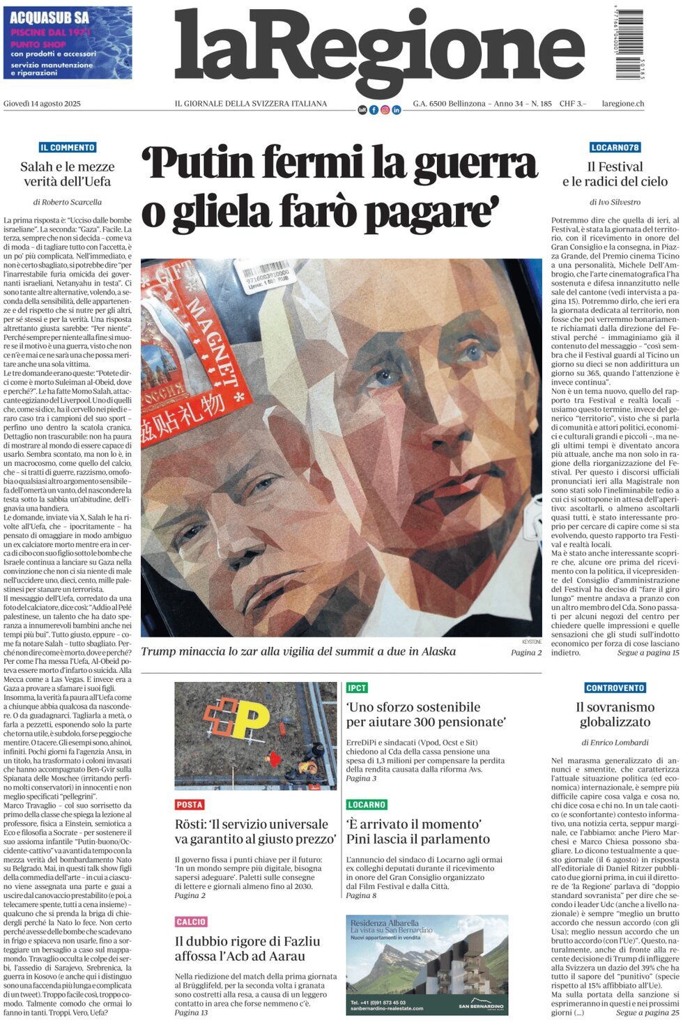 Prima Pagina La Regione 14/08/2025