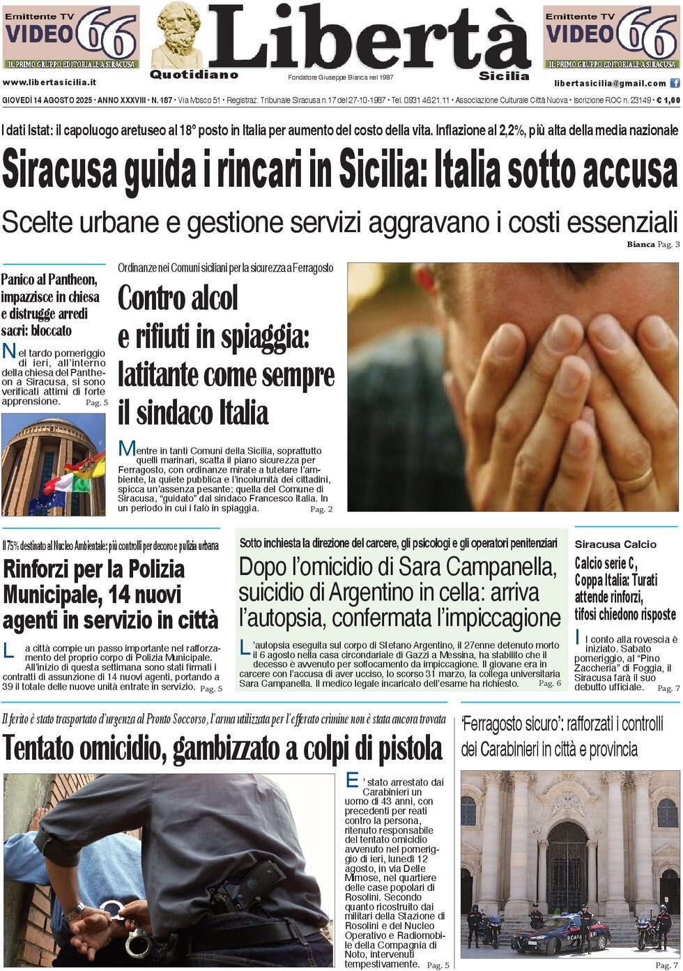 Prima Pagina Libertà Sicilia 14/08/2025