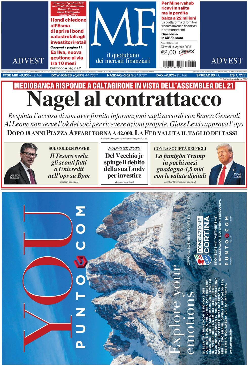 Prima Pagina MF Milano Finanza 14/08/2025