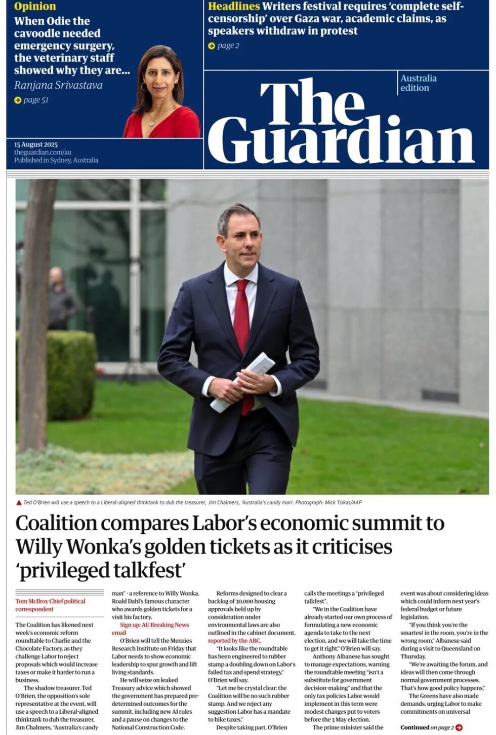 Prima Pagina The Guardian Australia 15/08/2025