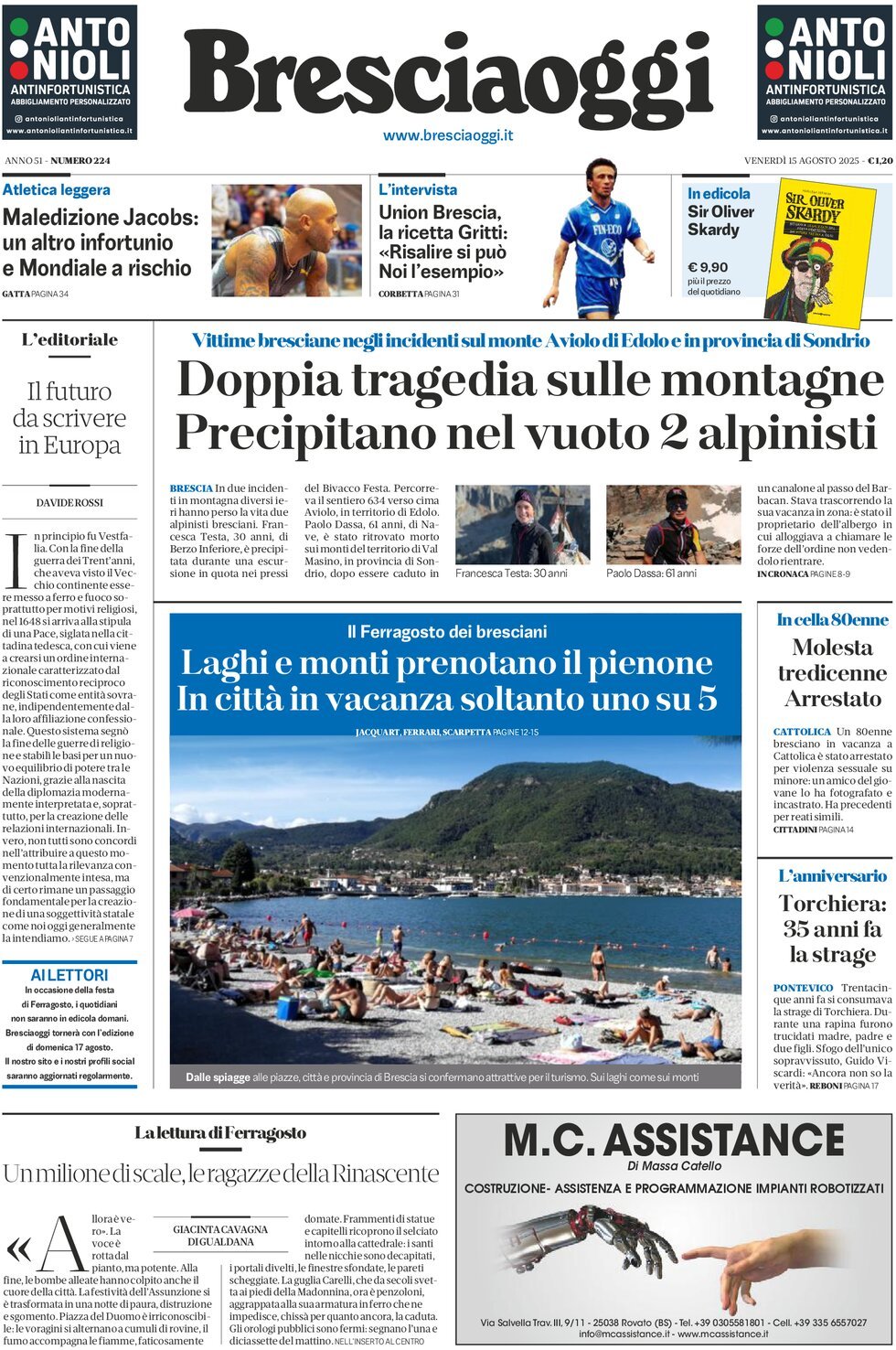 Prima Pagina Brescia Oggi 15/08/2025