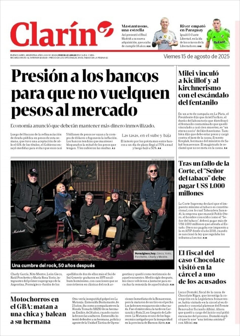 Prima Pagina Clarín 15/08/2025