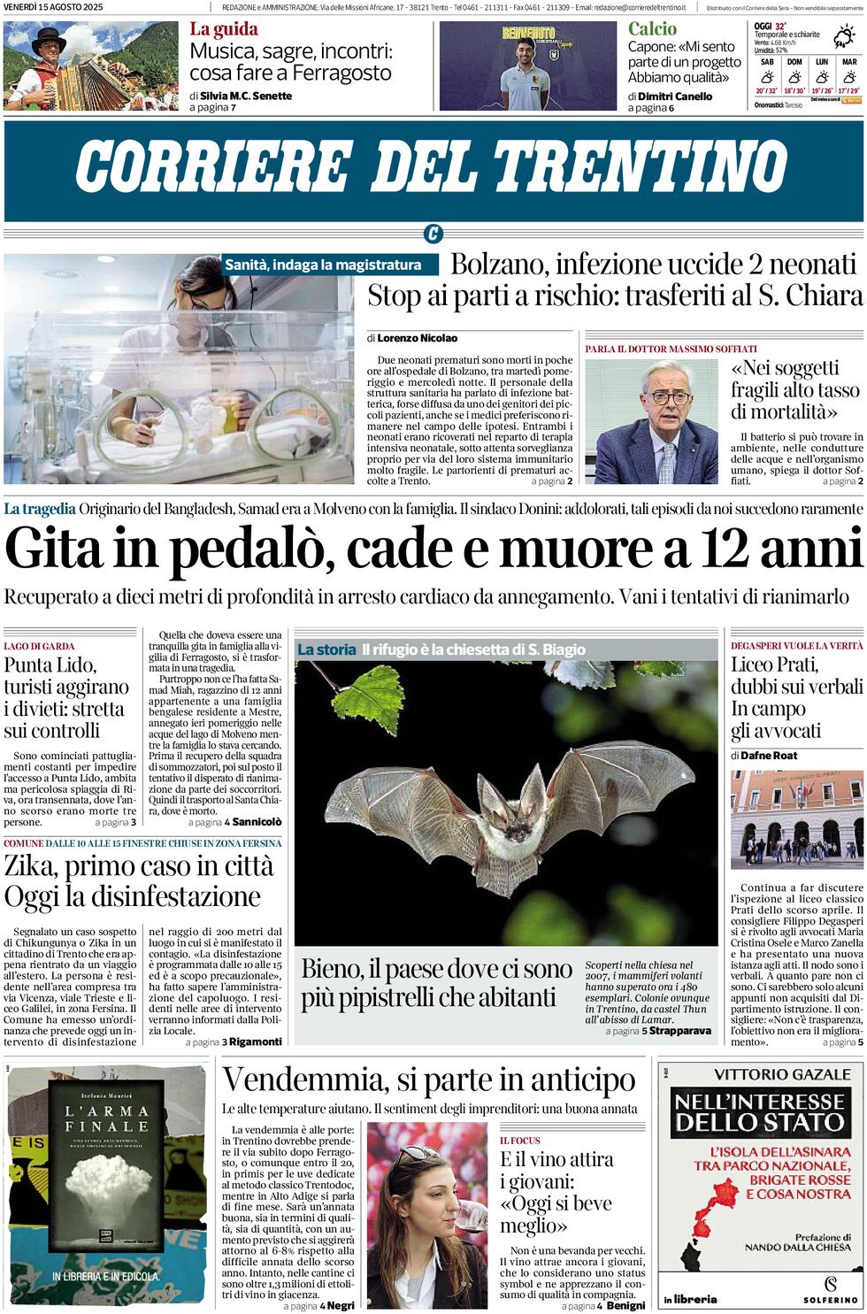 Prima Pagina Corriere del Trentino 15/08/2025