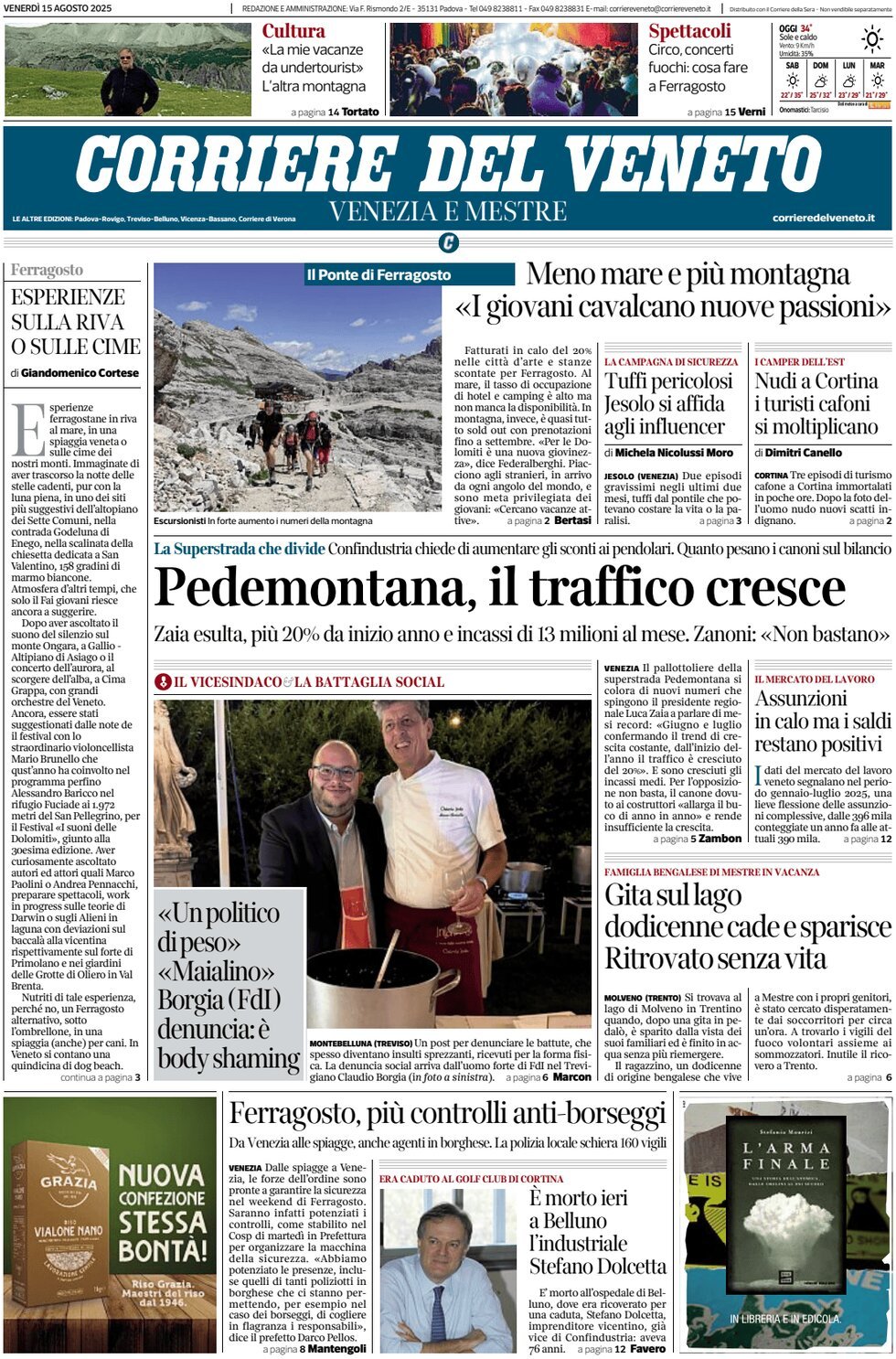 Prima Pagina Corriere del Veneto 15/08/2025