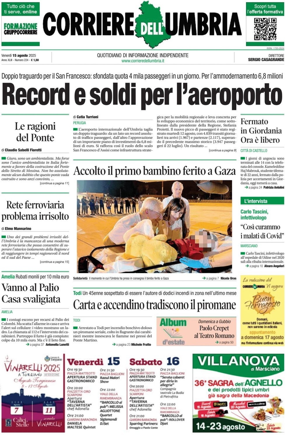 Prima Pagina Corriere dell'Umbria 15/08/2025