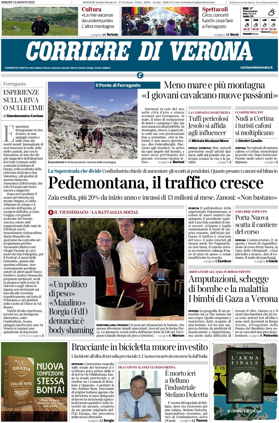 Prima Pagina Corriere di Verona 15/08/2025