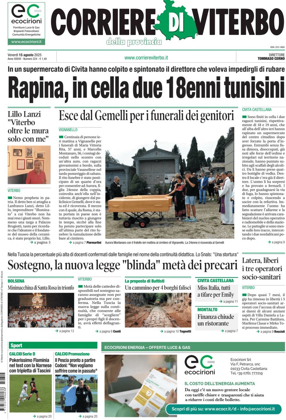 Prima Pagina Corriere di Viterbo 15/08/2025