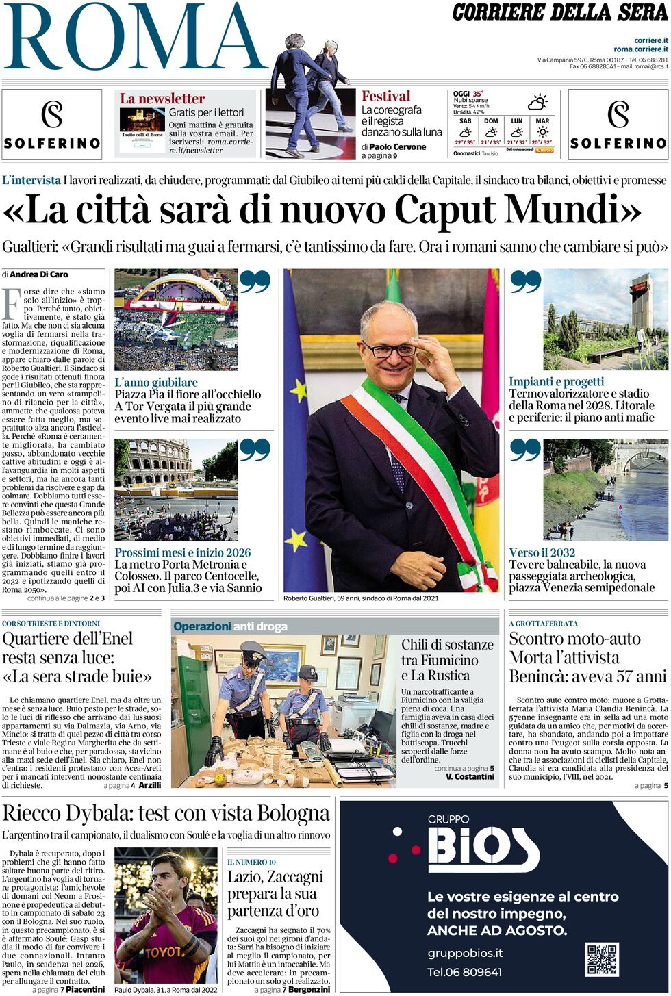 Prima Pagina Corriere della Sera (Roma) 15/08/2025