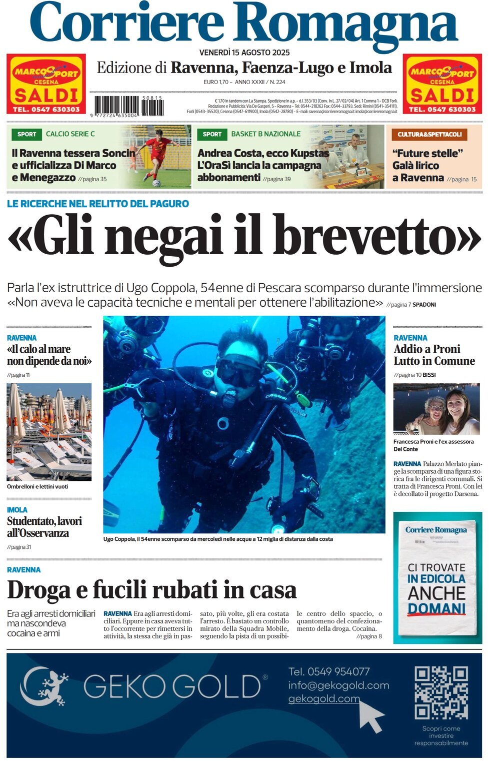 Prima Pagina Corriere Romagna (Ravenna e Imola) 15/08/2025