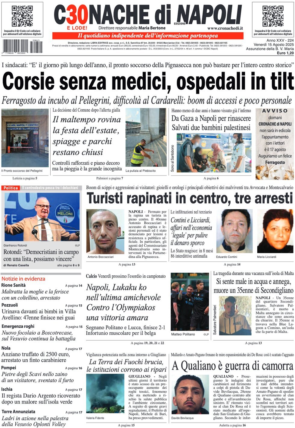 Prima Pagina Cronache di Napoli 15/08/2025