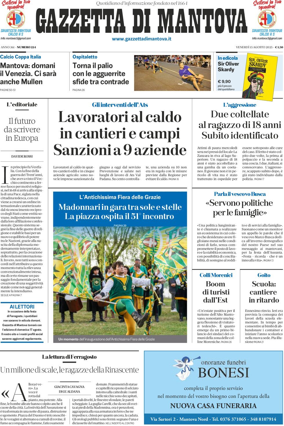 Prima Pagina Gazzetta di Mantova 15/08/2025