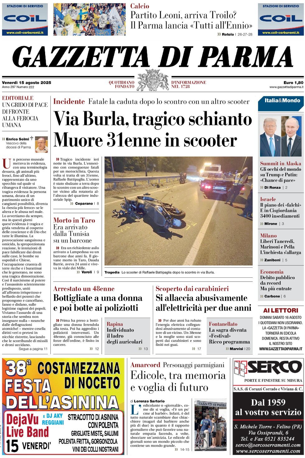 Prima Pagina Gazzetta di Parma 15/08/2025