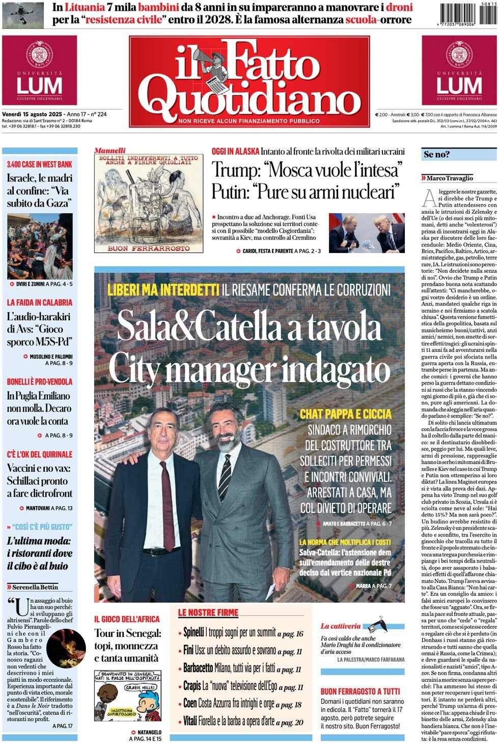 Prima Pagina Il Fatto Quotidiano 15/08/2025
