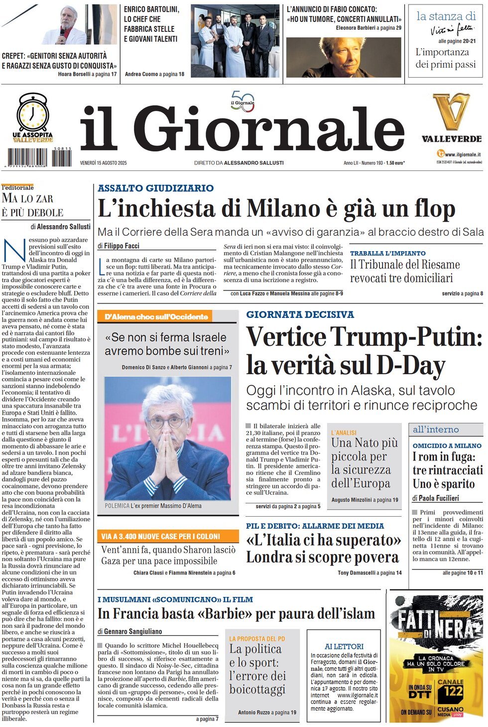 Prima Pagina Il Giornale 15/08/2025