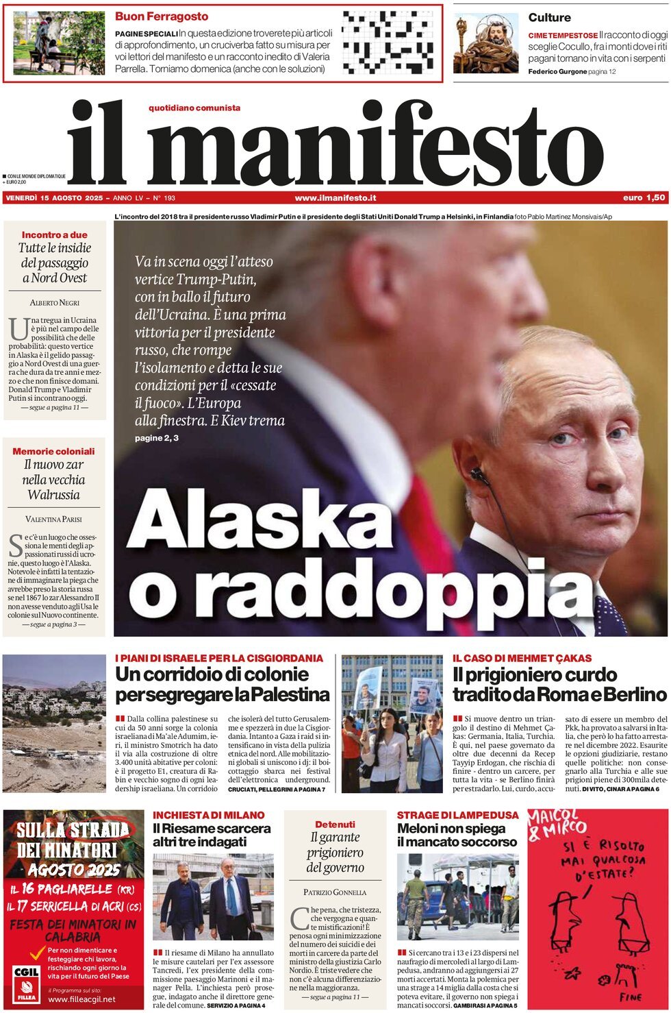 Prima Pagina Il Manifesto 15/08/2025
