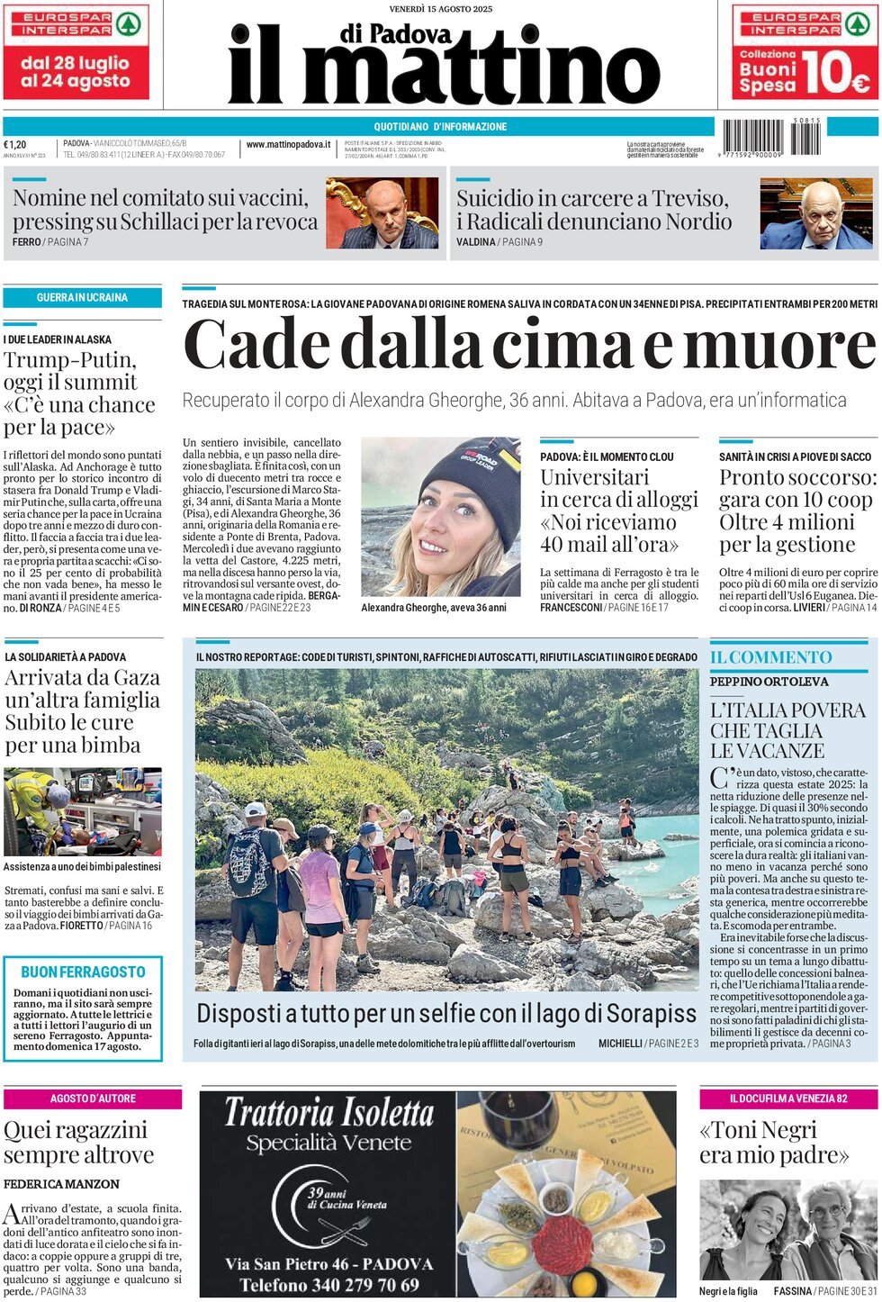 Prima Pagina Il Mattino di Padova 15/08/2025