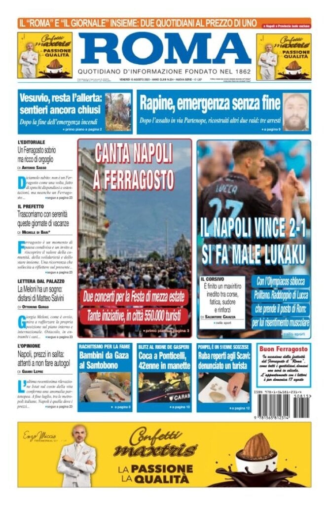 Prima Pagina Il Roma (Quotidiano di Napoli) 15/08/2025