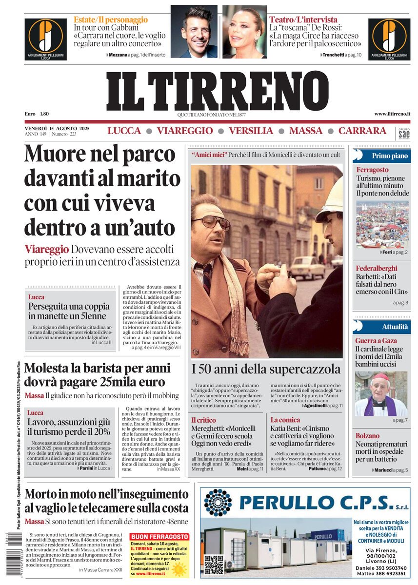 Prima Pagina Il Tirreno (Lucca, Viareggio, Versilia, Massa, Carrara) 15/08/2025