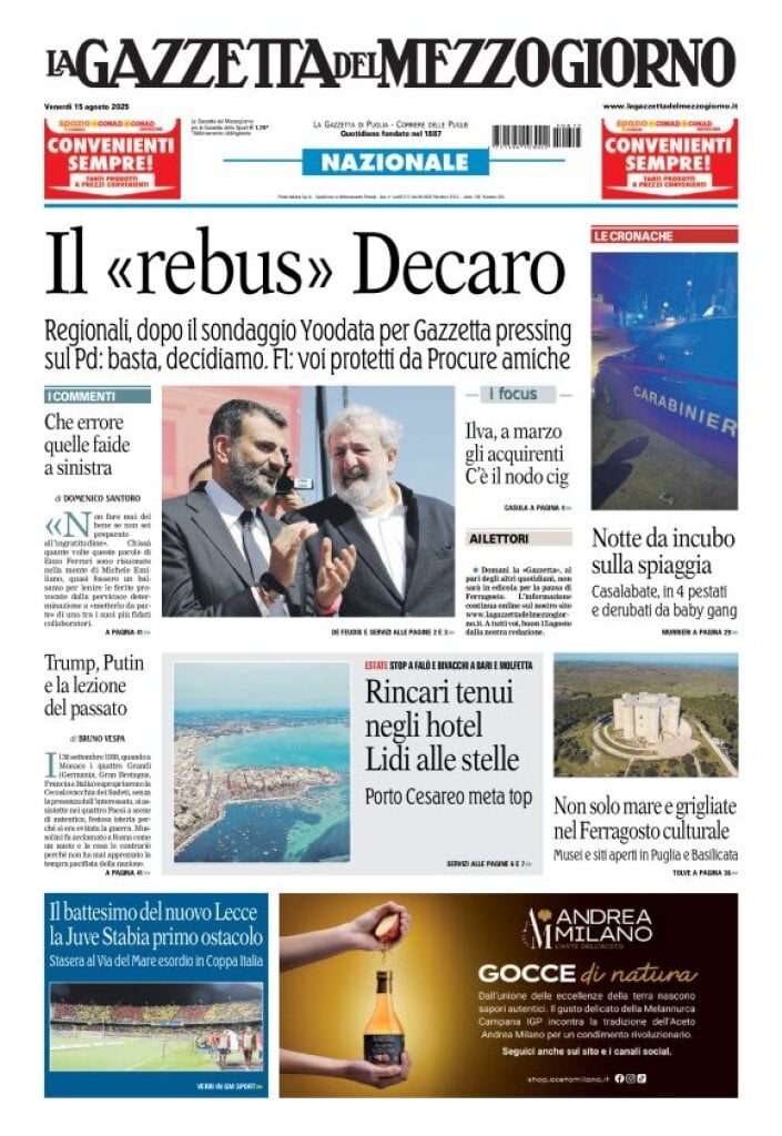 Prima Pagina La Gazzetta del Mezzogiorno (Bari) 15/08/2025