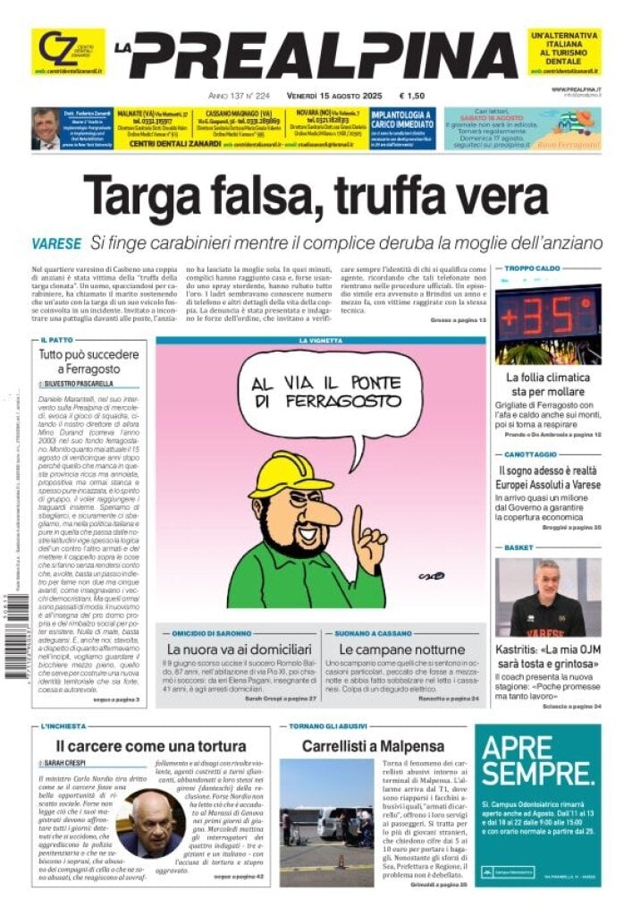 Prima Pagina La Prealpina 15/08/2025