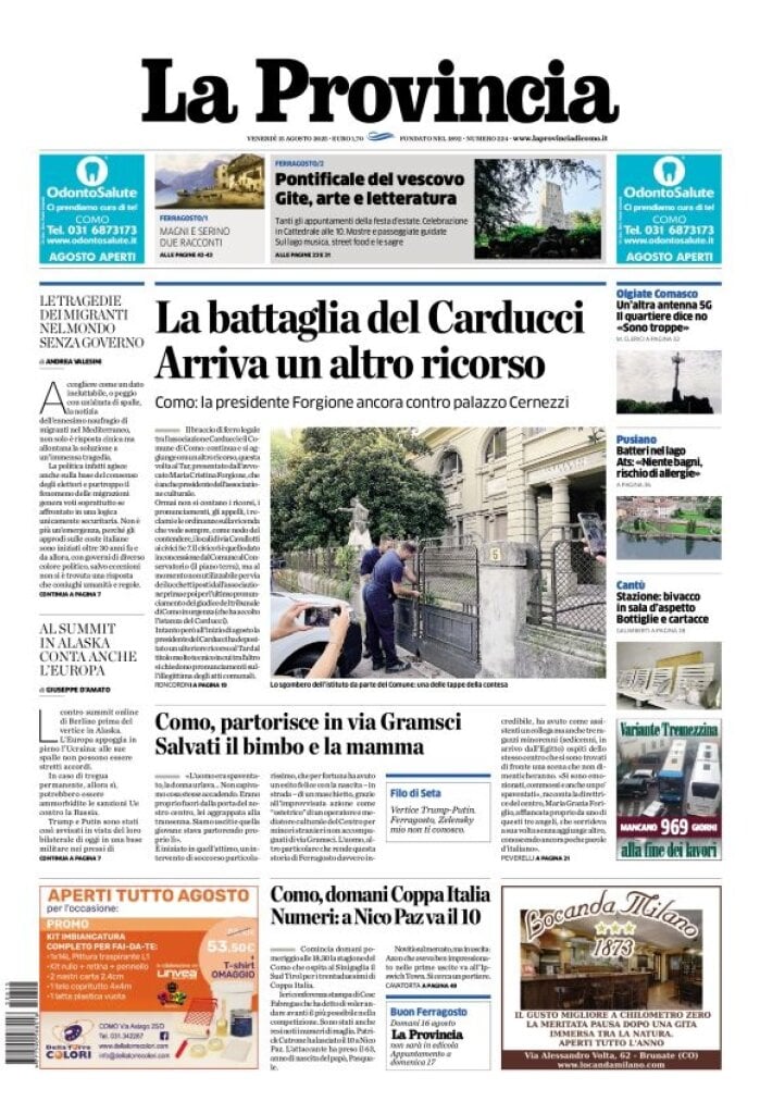 Prima Pagina La Provincia di Como 15/08/2025