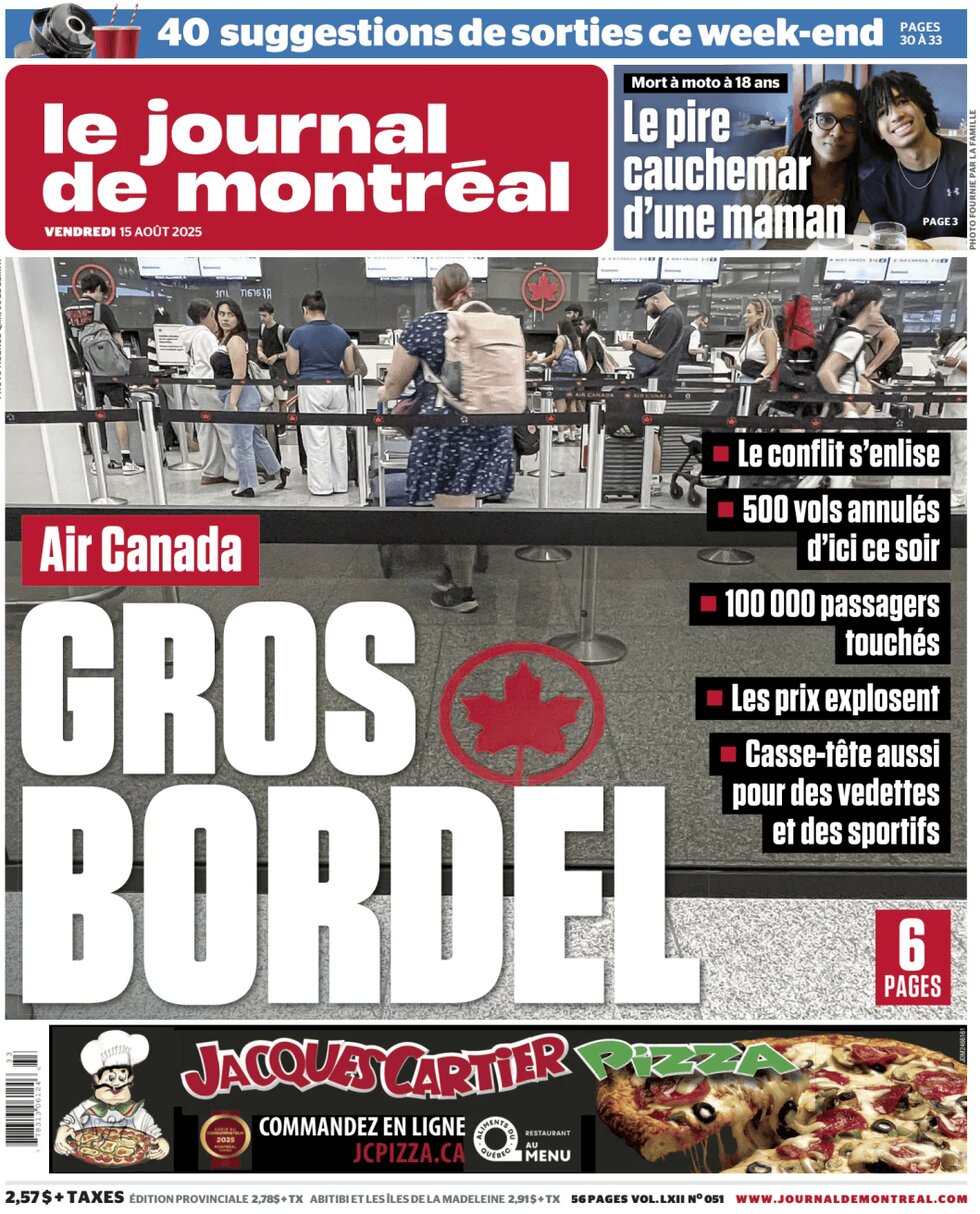 Prima Pagina Le Journal de Montréal 15/08/2025
