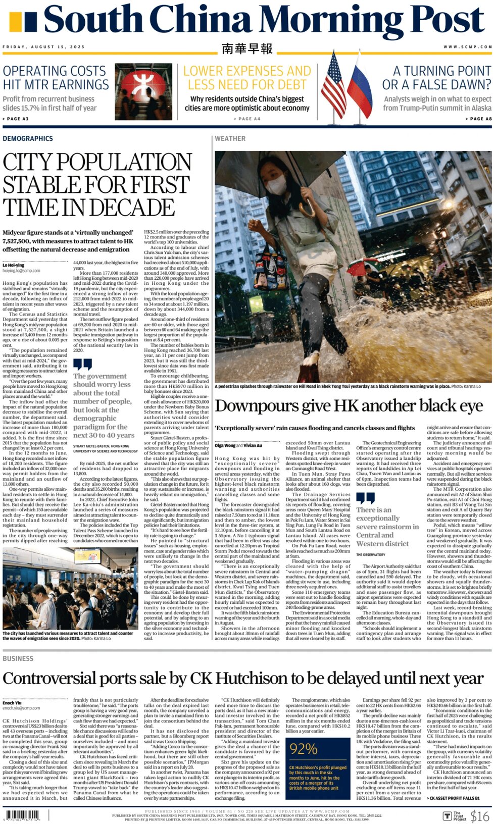Prima Pagina South China Morning Post 15/08/2025