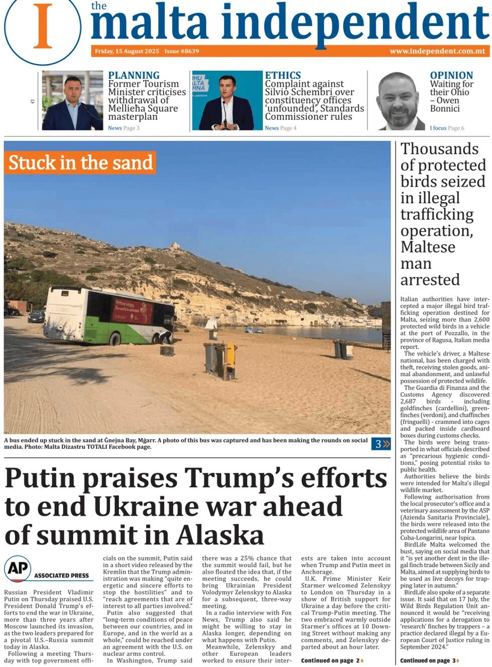 Prima Pagina The Malta Independent 15/08/2025