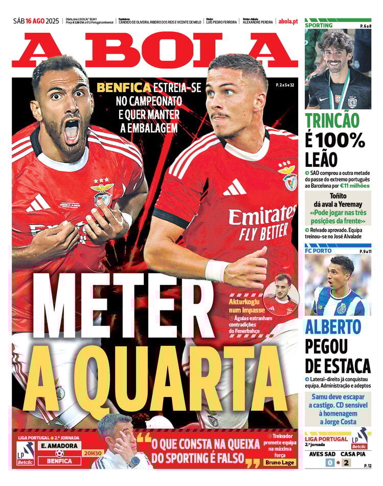 Prima Pagina A Bola 16/08/2025