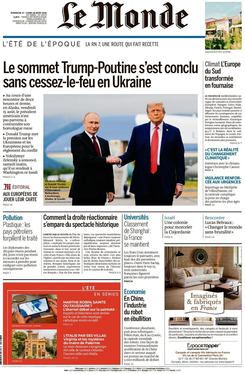 Prima Pagina Le Monde 18/08/2025