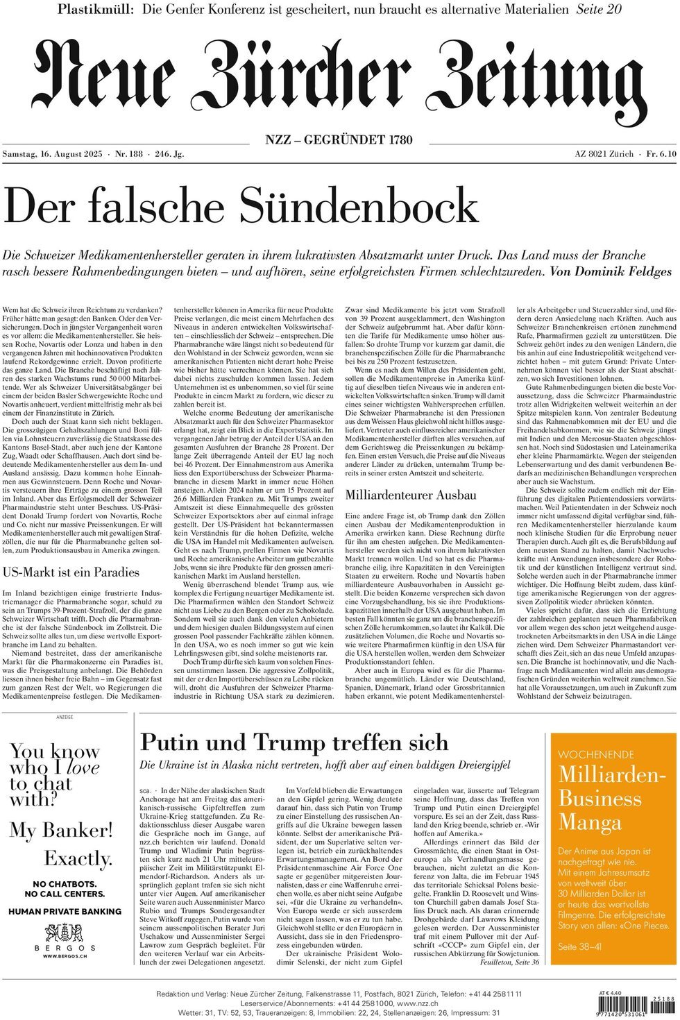 Prima Pagina NZZ (Neue Zürcher Zeitung) 16/08/2025