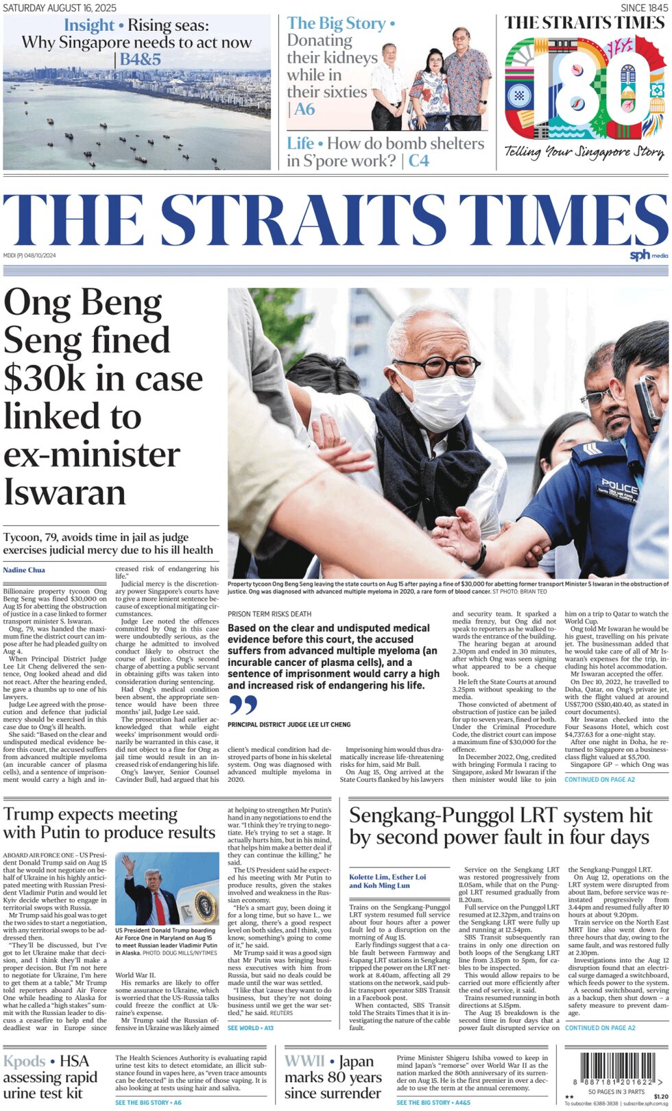 Prima Pagina The Straits Times 16/08/2025