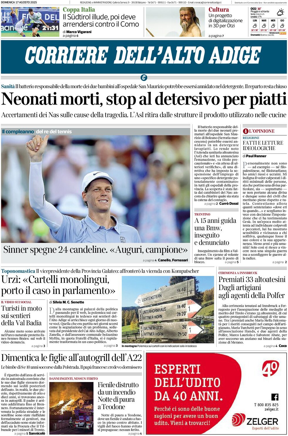 Prima Pagina Corriere dell'Alto Adige 17/08/2025