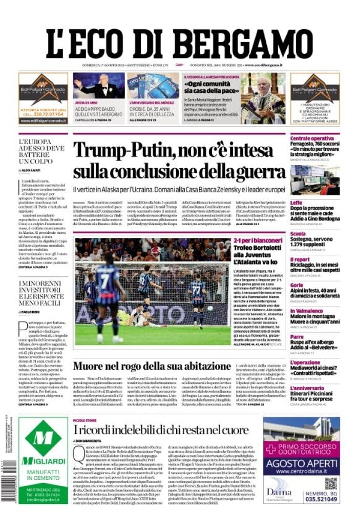 Prima Pagina L'Eco di Bergamo 17/08/2025