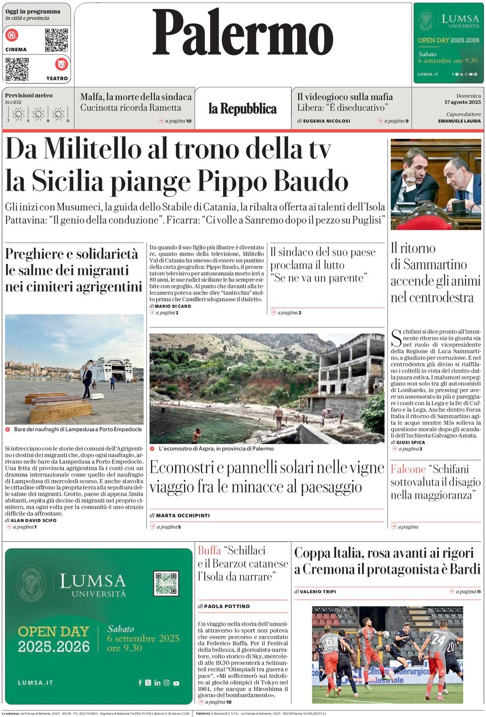 Prima Pagina La Repubblica (Palermo) 17/08/2025