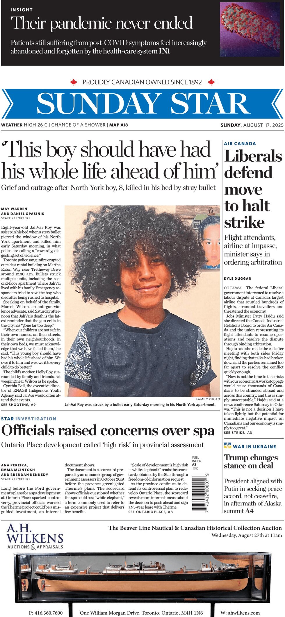 Prima Pagina Toronto Star 17/08/2025
