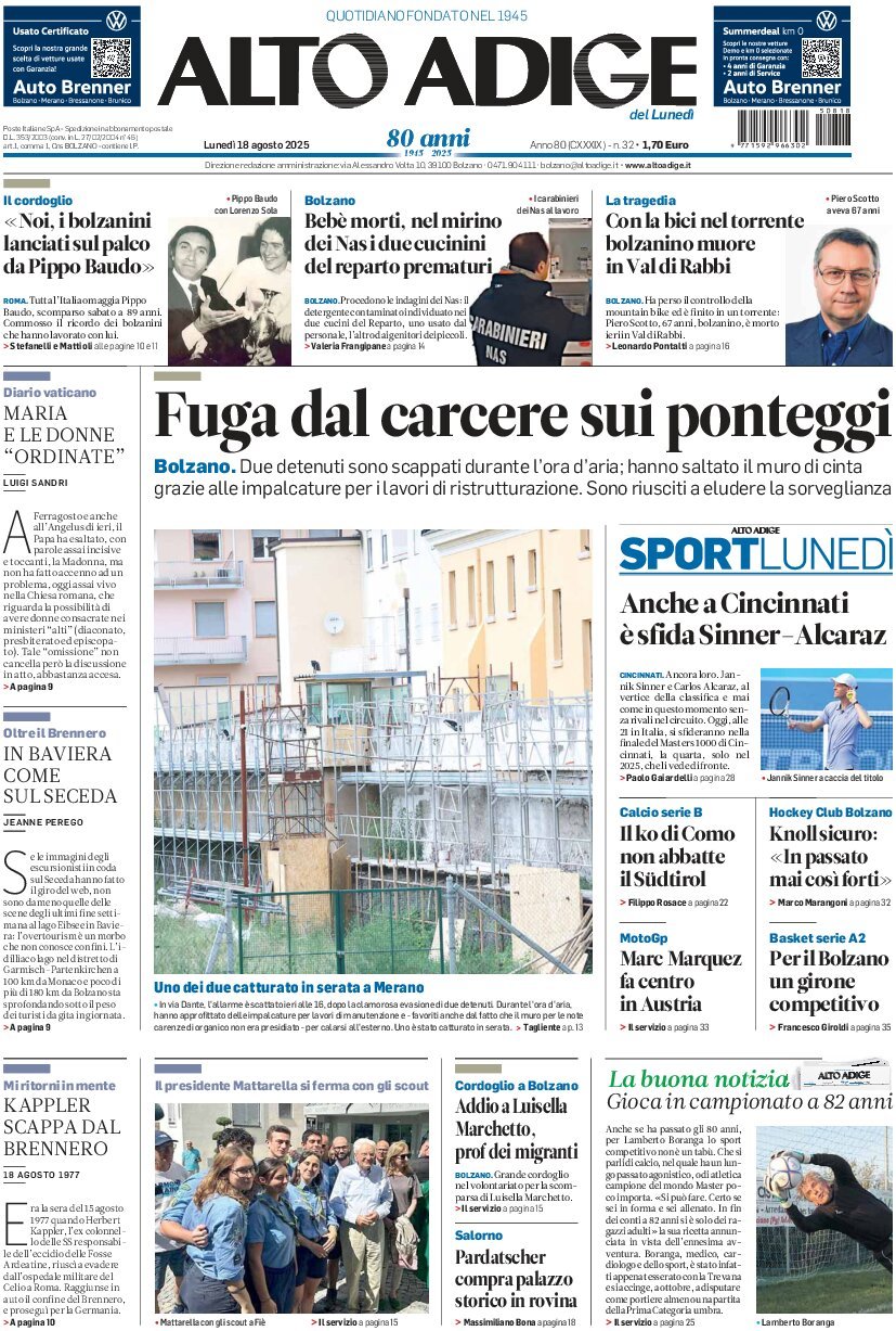 Prima Pagina Alto Adige 18/08/2025