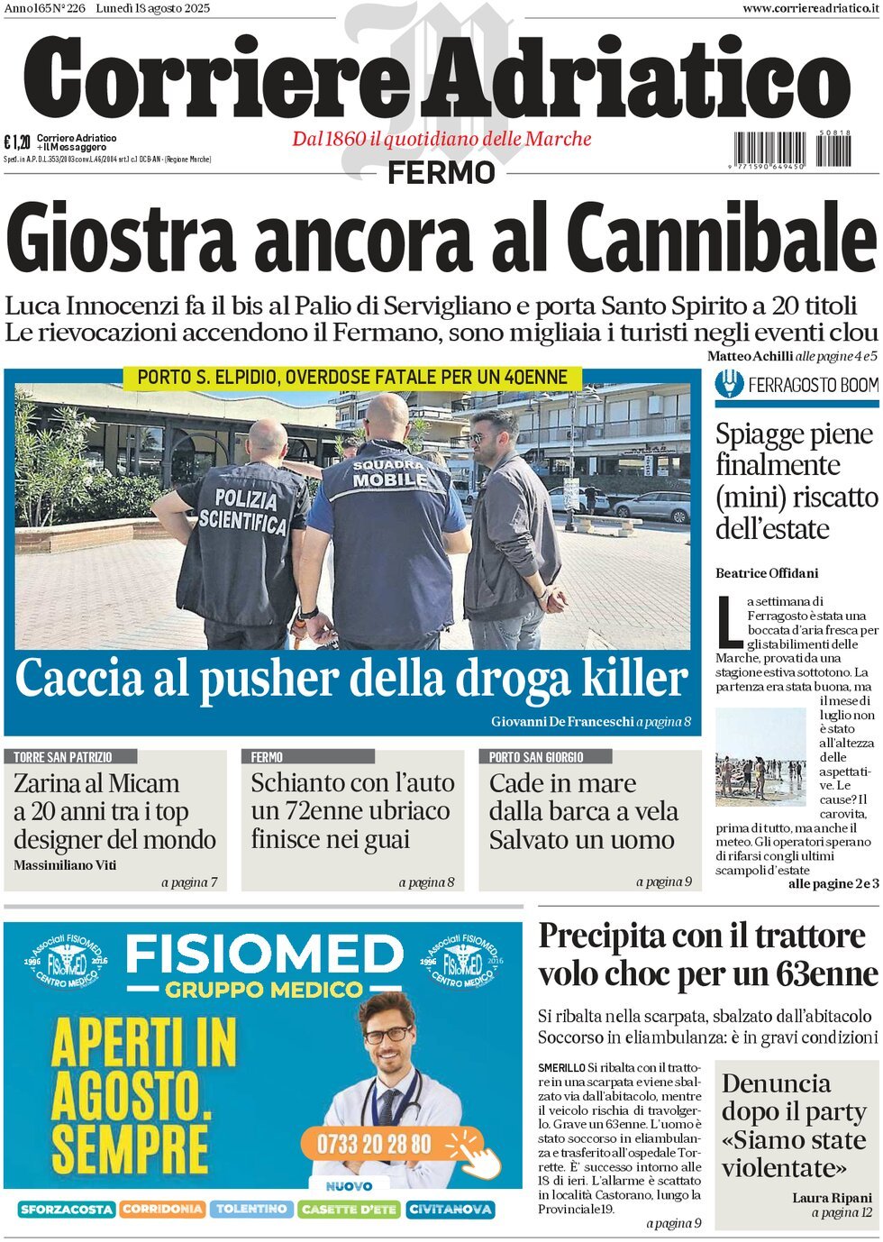 Prima Pagina Corriere Adriatico (Fermo) 18/08/2025