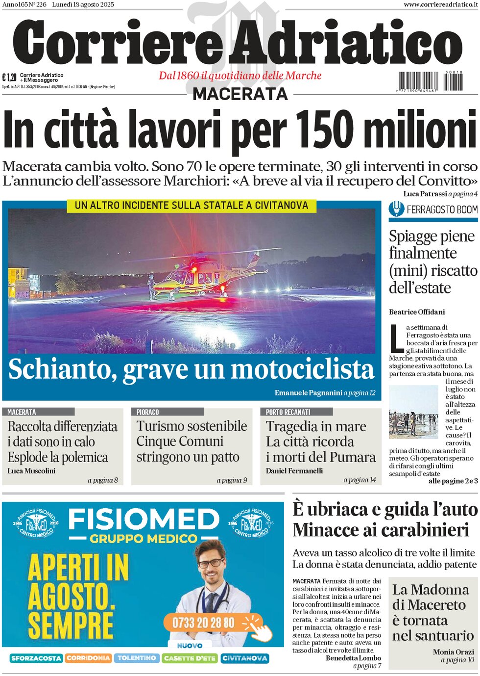 Prima Pagina Corriere Adriatico (Macerata) 18/08/2025