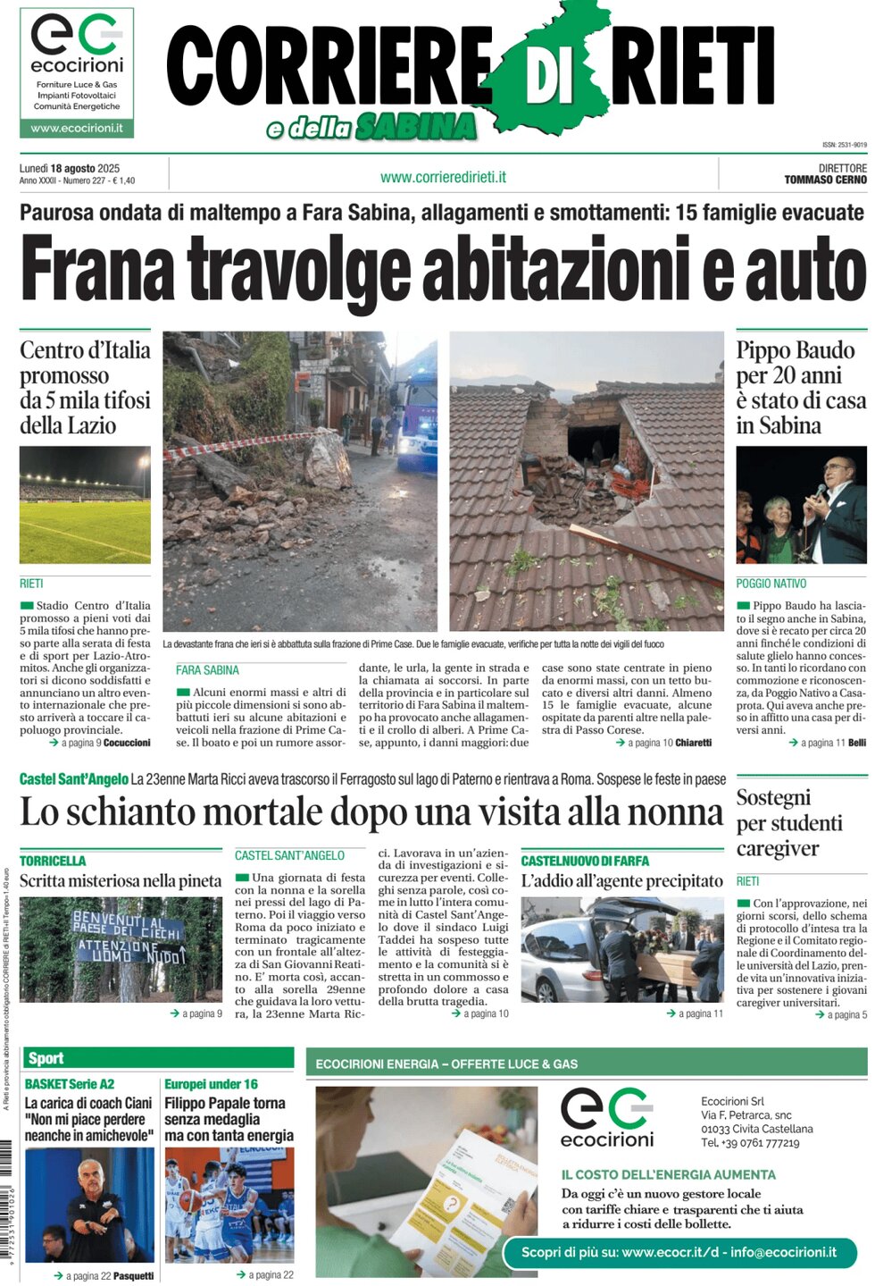 Prima Pagina Corriere di Rieti e della Sabina 18/08/2025