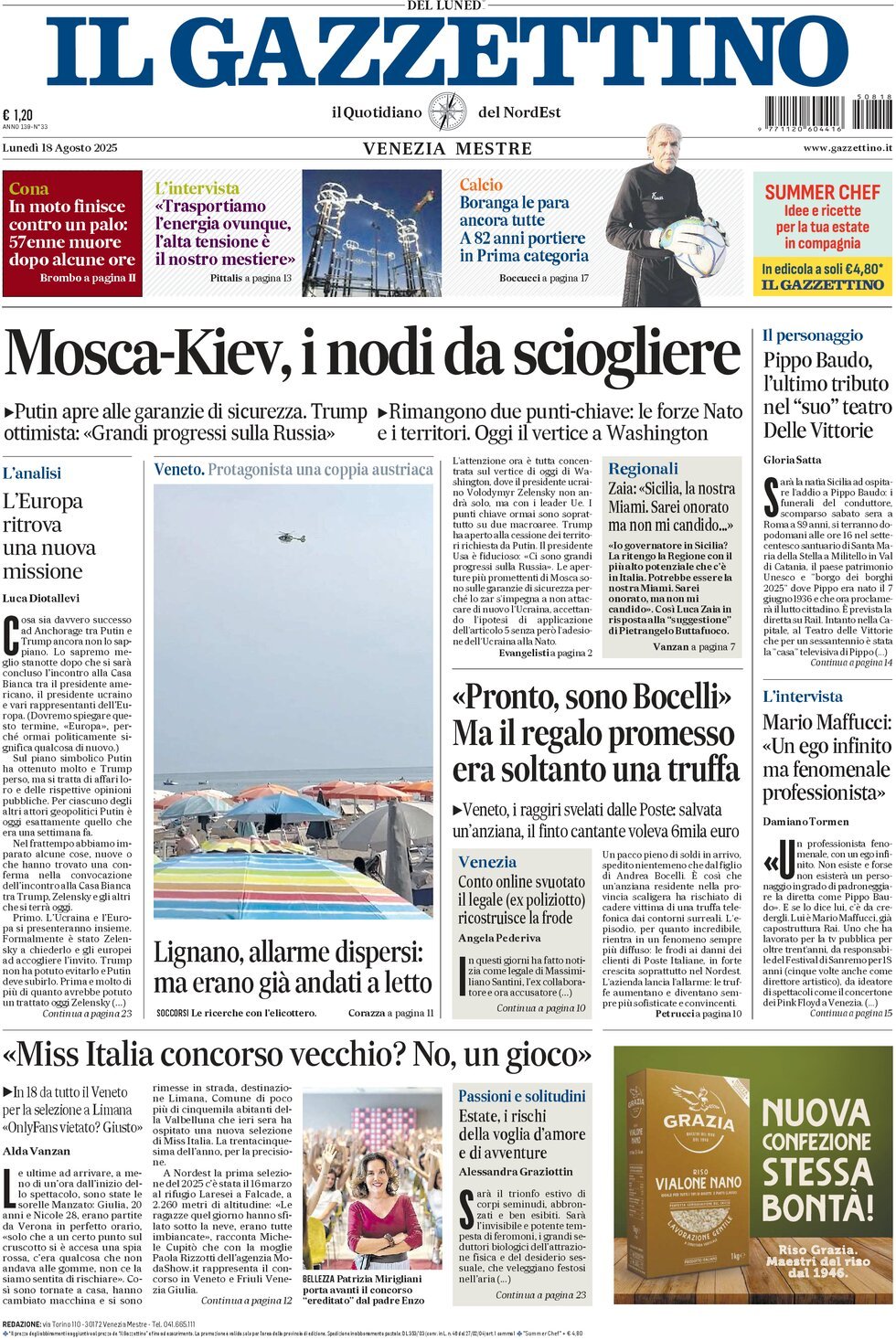 Prima Pagina Il Gazzettino 18/08/2025
