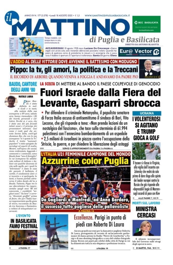 Prima Pagina Il Mattino di Puglia e Basilicata 18/08/2025
