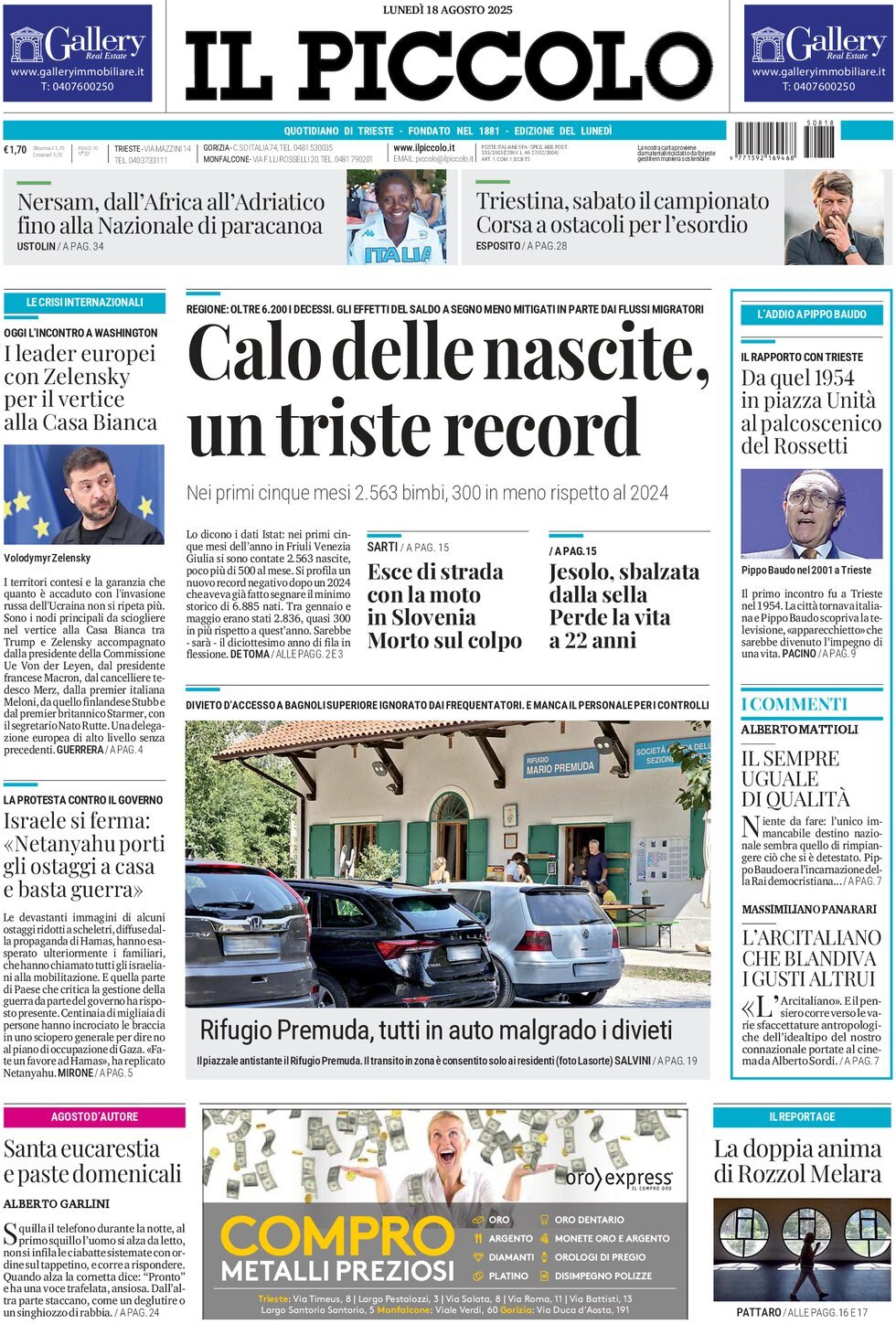 Prima Pagina Il Piccolo (Trieste) 18/08/2025