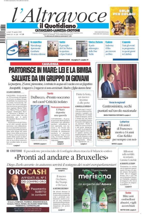 Prima Pagina Il Quotidiano del Sud (Catanzaro) 18/08/2025