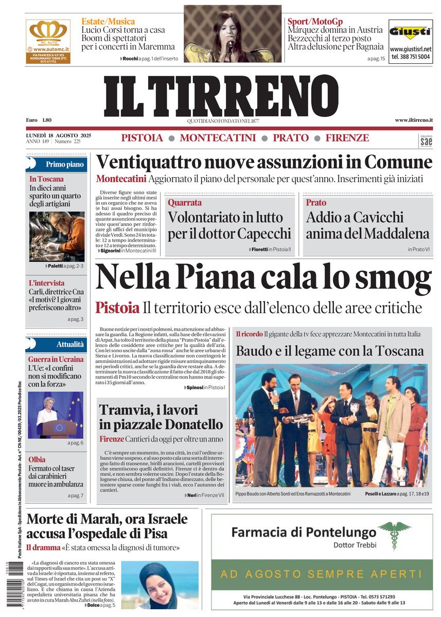 Prima Pagina Il Tirreno (Firenze, Prato, Pistoia, Montecatini) 18/08/2025