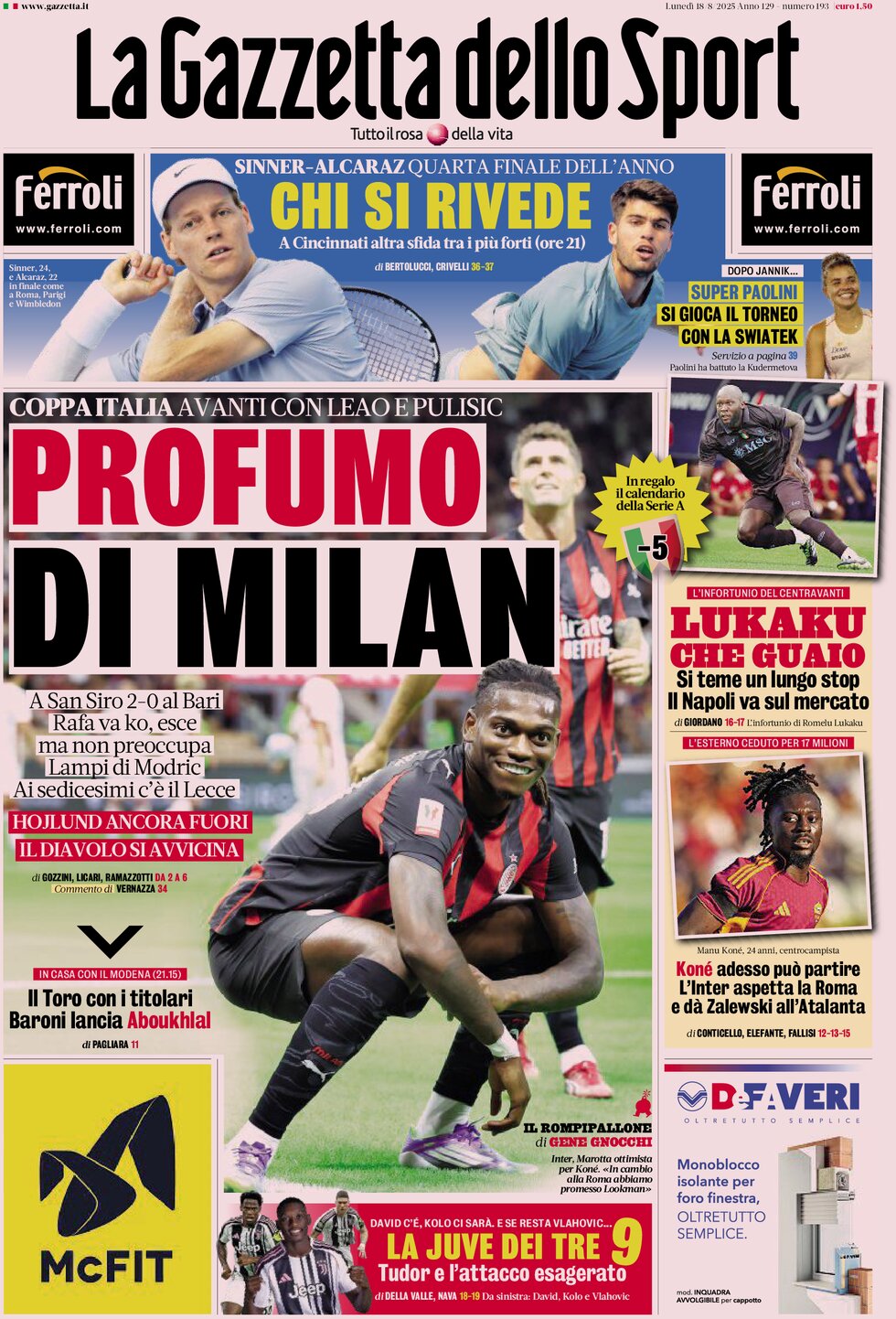 Prima Pagina La Gazzetta dello Sport 18/08/2025