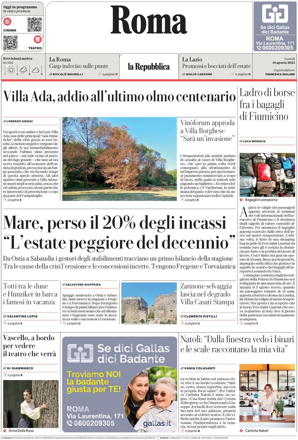 Prima Pagina La Repubblica (Roma) 18/08/2025