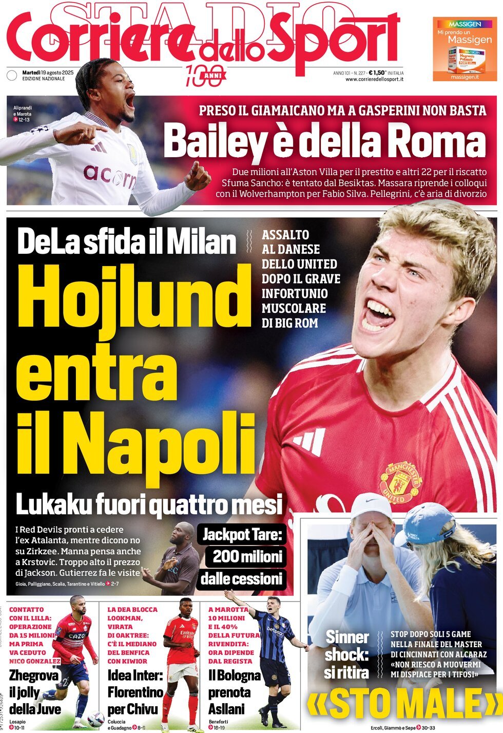 Prima Pagina Corriere dello Sport 19/08/2025