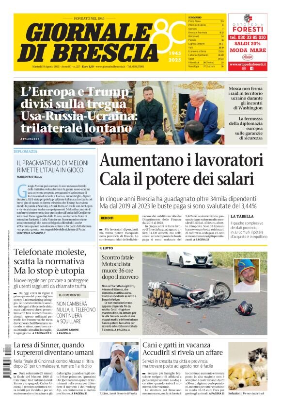 Prima Pagina Giornale di Brescia 19/08/2025