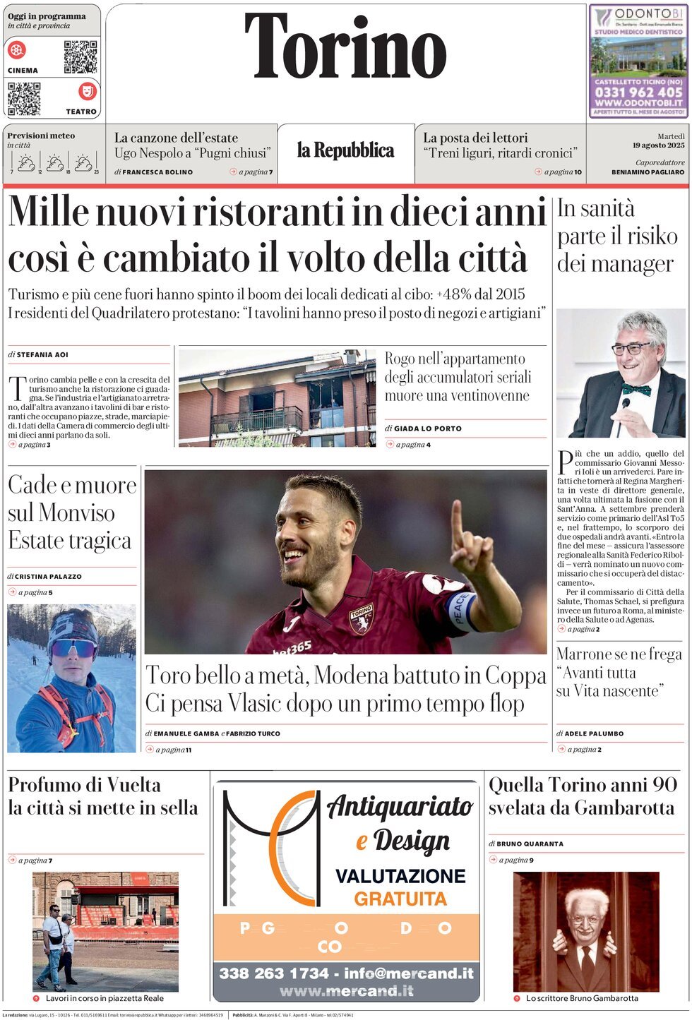 Prima Pagina La Repubblica (Torino) 19/08/2025